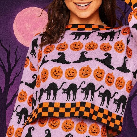 NWT Queen Of Sparkles Lavender Black and Orange Checker Trim Halloween Icon Swe